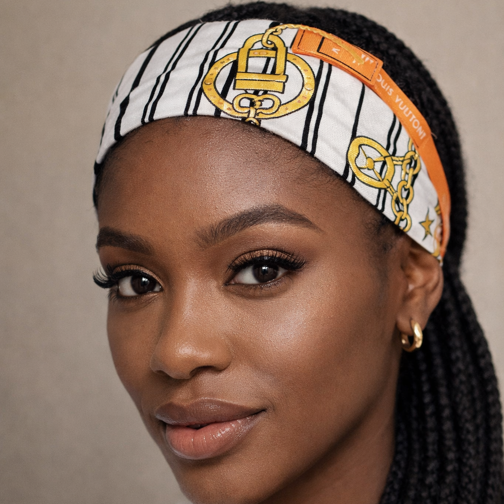 MONOGRAM INFINITY HEADBAND SCARF - WHITE AND GOLD