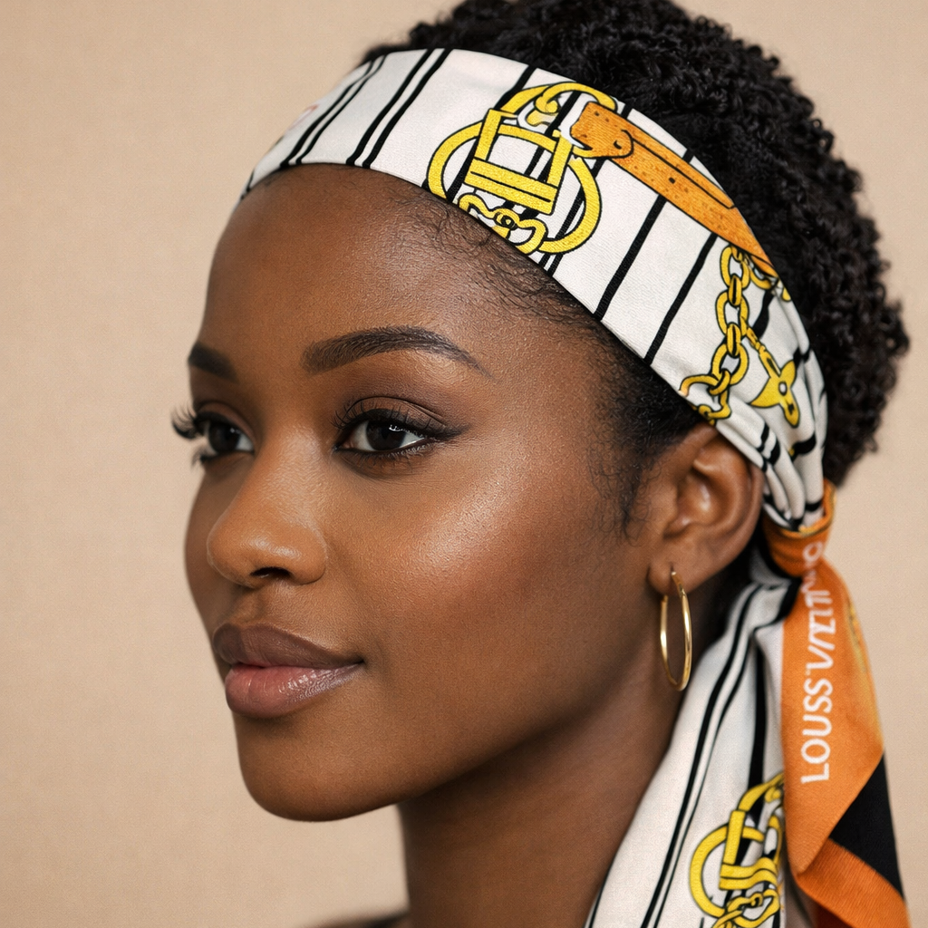 MONOGRAM INFINITY HEADBAND SCARF - WHITE AND GOLD